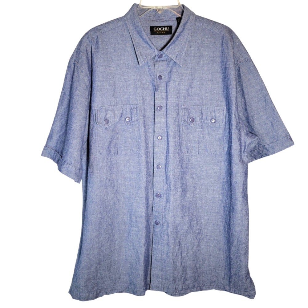 Gochu Men's Blue Short Sleeve linen blend Shirt